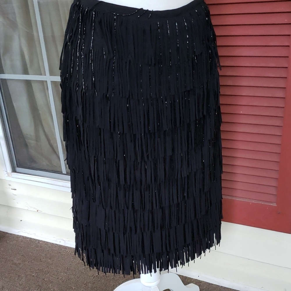 BLACK LABEL BY CHICO"S Elegant Black Fringe and Beaded Tassels Skirt